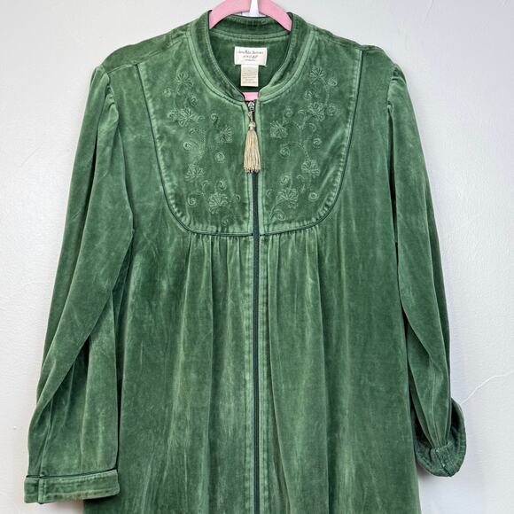 Vintage Amanda Stewart Velour Robe XL Green Zip Front Embroidered Intimates - Picture 1 of 9
